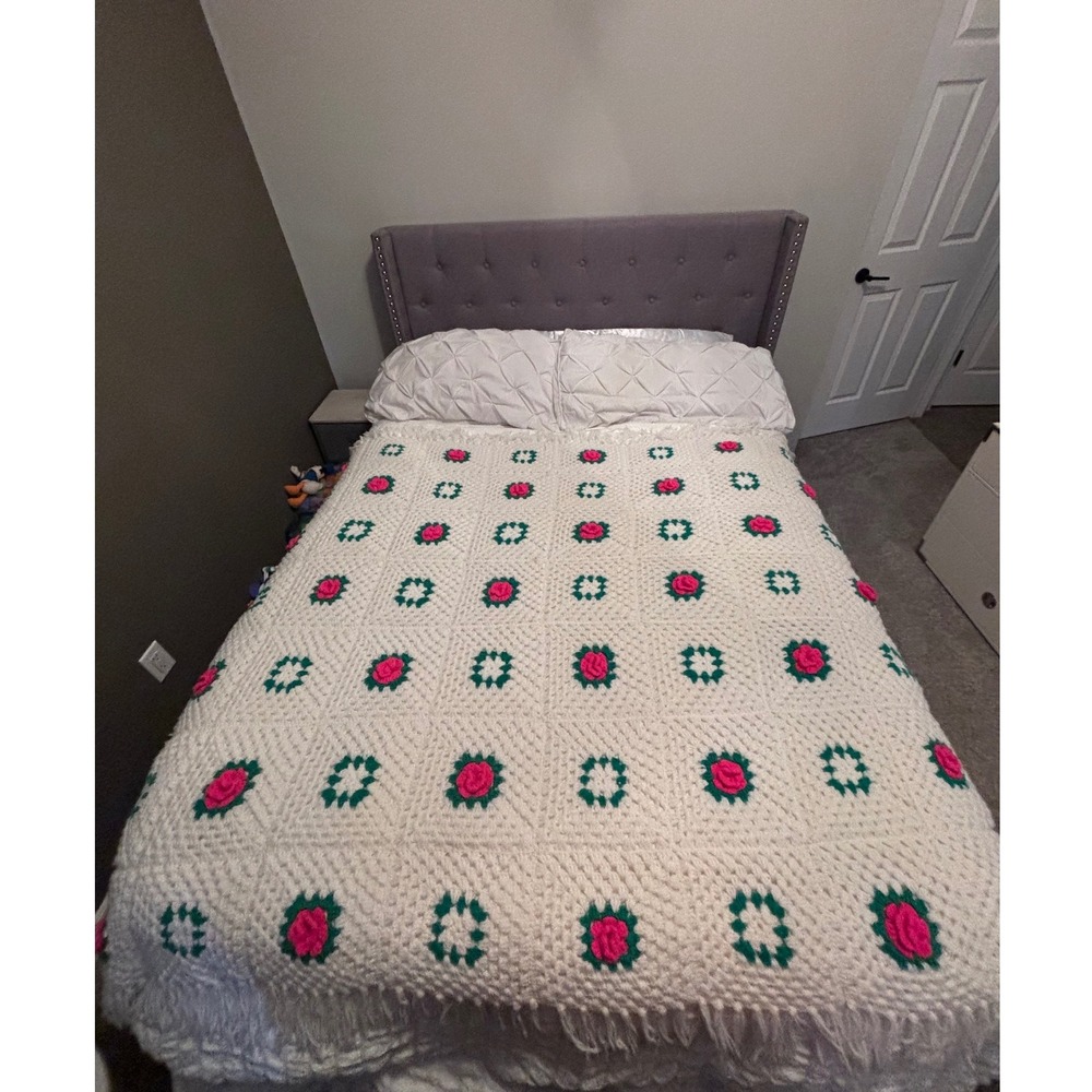 Vintage Handmade Crochet Rose Afghan Pink Green White Granny Square 72"x58"